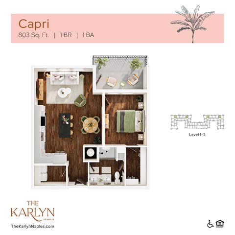Floor plan for 1 bed, 1 bath, 803 sqft